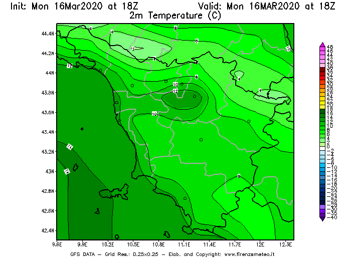 Mappa di analisi GFS - Temperatura a 2 metri dal suolo [°C] in Toscana
							del 16/03/2020 18 <!--googleoff: index-->UTC<!--googleon: index-->