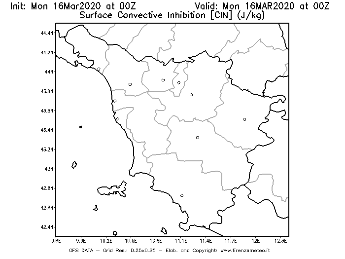 Mappa di analisi GFS - CIN [J/kg] in Toscana
									del 16/03/2020 00 <!--googleoff: index-->UTC<!--googleon: index-->