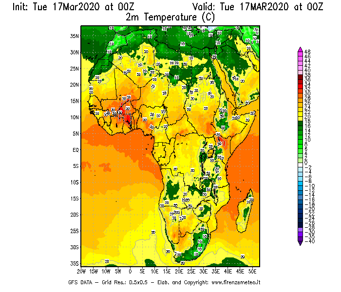 Mappa di analisi GFS - Temperatura a 2 metri dal suolo [°C] in Africa
							del 17/03/2020 00 <!--googleoff: index-->UTC<!--googleon: index-->