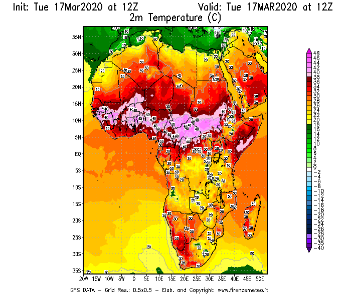 Mappa di analisi GFS - Temperatura a 2 metri dal suolo [°C] in Africa
							del 17/03/2020 12 <!--googleoff: index-->UTC<!--googleon: index-->