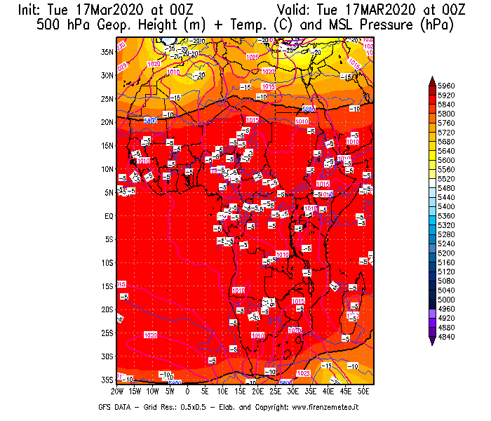 Mappa di analisi GFS - Geopotenziale [m] + Temp. [°C] a 500 hPa + Press. a livello del mare [hPa] in Africa
							del 17/03/2020 00 <!--googleoff: index-->UTC<!--googleon: index-->