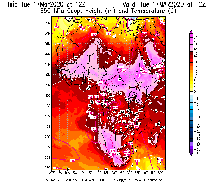 Mappa di analisi GFS - Geopotenziale [m] e Temperatura [°C] a 850 hPa in Africa
							del 17/03/2020 12 <!--googleoff: index-->UTC<!--googleon: index-->