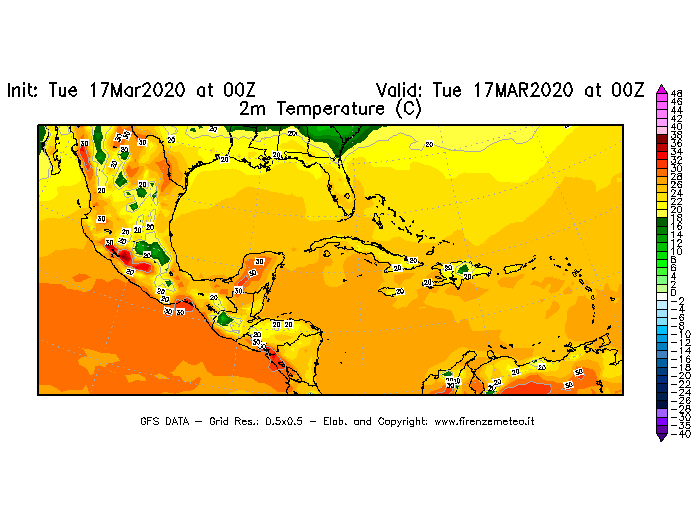 Mappa di analisi GFS - Temperatura a 2 metri dal suolo [°C] in Centro-America
							del 17/03/2020 00 <!--googleoff: index-->UTC<!--googleon: index-->