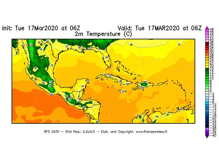 Mappa di analisi GFS - Temperatura a 2 metri dal suolo [°C] in Centro-America
							del 17/03/2020 06 <!--googleoff: index-->UTC<!--googleon: index-->