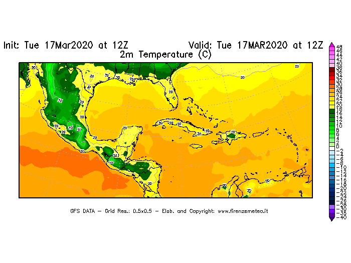 Mappa di analisi GFS - Temperatura a 2 metri dal suolo [°C] in Centro-America
							del 17/03/2020 12 <!--googleoff: index-->UTC<!--googleon: index-->