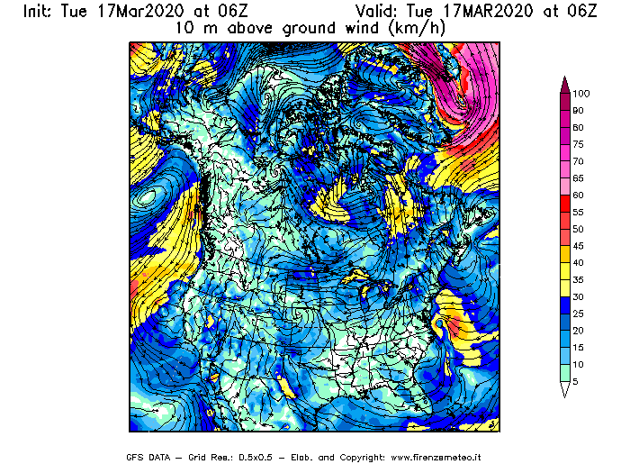 Mappa di analisi GFS - Velocità del vento a 10 metri dal suolo [km/h] in Nord-America
							del 17/03/2020 06 <!--googleoff: index-->UTC<!--googleon: index-->
