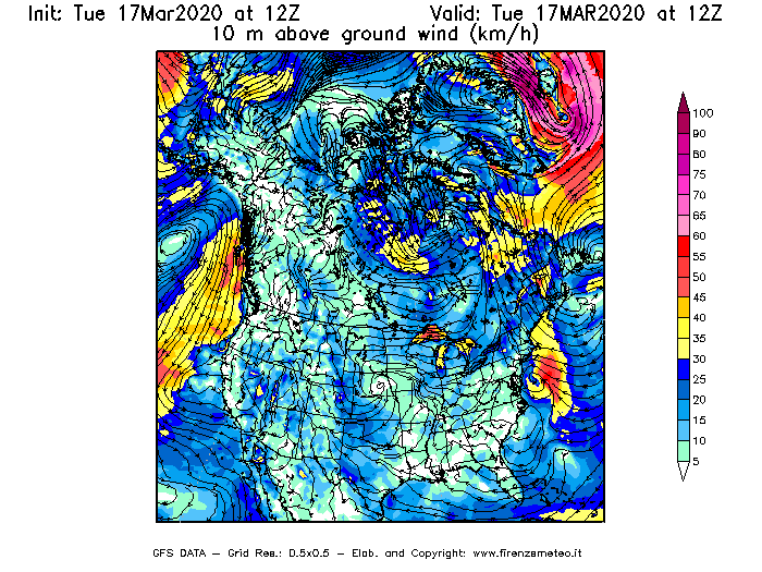 Mappa di analisi GFS - Velocità del vento a 10 metri dal suolo [km/h] in Nord-America
							del 17/03/2020 12 <!--googleoff: index-->UTC<!--googleon: index-->