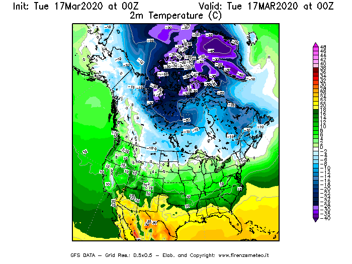 Mappa di analisi GFS - Temperatura a 2 metri dal suolo [°C] in Nord-America
							del 17/03/2020 00 <!--googleoff: index-->UTC<!--googleon: index-->
