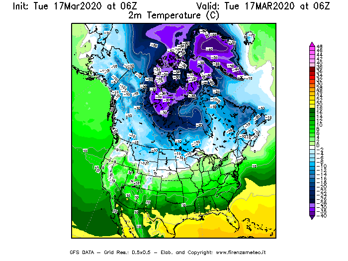 Mappa di analisi GFS - Temperatura a 2 metri dal suolo [°C] in Nord-America
							del 17/03/2020 06 <!--googleoff: index-->UTC<!--googleon: index-->