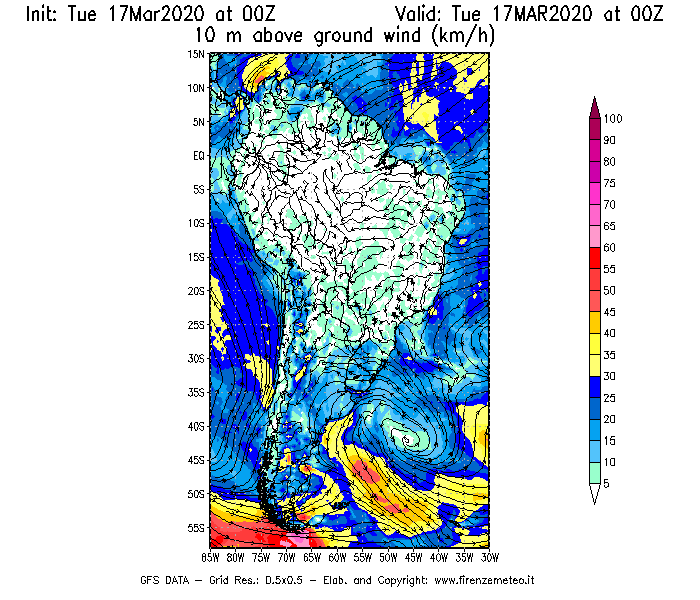 Mappa di analisi GFS - Velocità del vento a 10 metri dal suolo [km/h] in Sud-America
							del 17/03/2020 00 <!--googleoff: index-->UTC<!--googleon: index-->