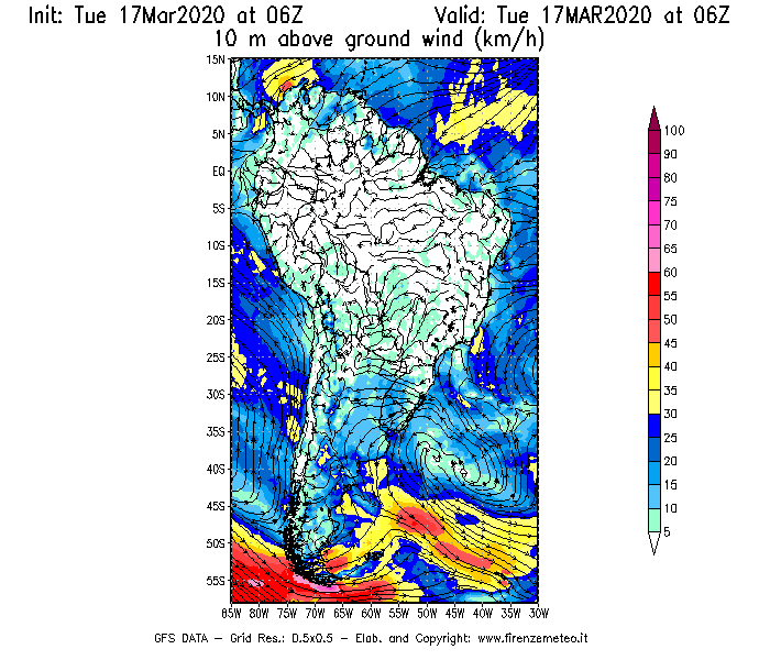 Mappa di analisi GFS - Velocità del vento a 10 metri dal suolo [km/h] in Sud-America
							del 17/03/2020 06 <!--googleoff: index-->UTC<!--googleon: index-->