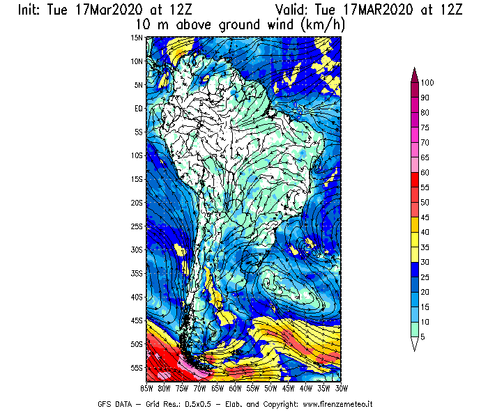 Mappa di analisi GFS - Velocità del vento a 10 metri dal suolo [km/h] in Sud-America
							del 17/03/2020 12 <!--googleoff: index-->UTC<!--googleon: index-->