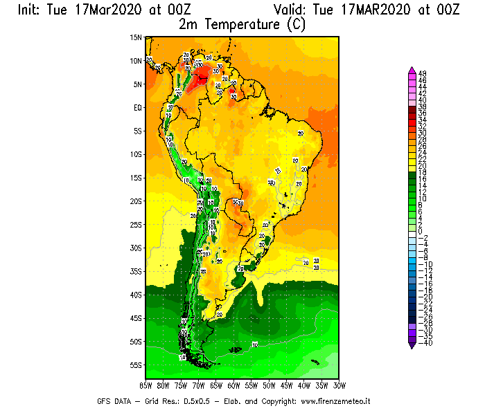 Mappa di analisi GFS - Temperatura a 2 metri dal suolo [°C] in Sud-America
							del 17/03/2020 00 <!--googleoff: index-->UTC<!--googleon: index-->