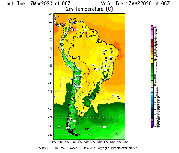 Mappa di analisi GFS - Temperatura a 2 metri dal suolo [°C] in Sud-America
							del 17/03/2020 06 <!--googleoff: index-->UTC<!--googleon: index-->