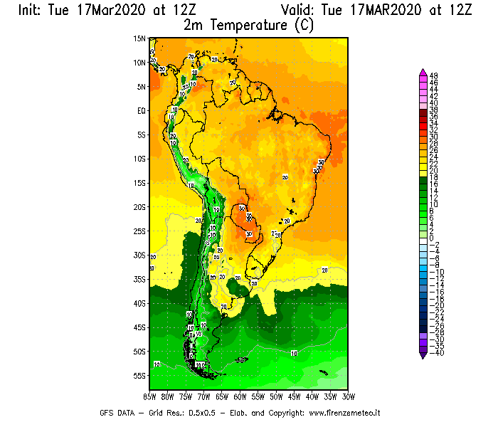Mappa di analisi GFS - Temperatura a 2 metri dal suolo [°C] in Sud-America
							del 17/03/2020 12 <!--googleoff: index-->UTC<!--googleon: index-->