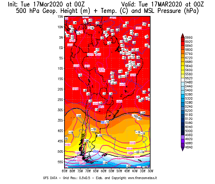 Mappa di analisi GFS - Geopotenziale [m] + Temp. [°C] a 500 hPa + Press. a livello del mare [hPa] in Sud-America
							del 17/03/2020 00 <!--googleoff: index-->UTC<!--googleon: index-->