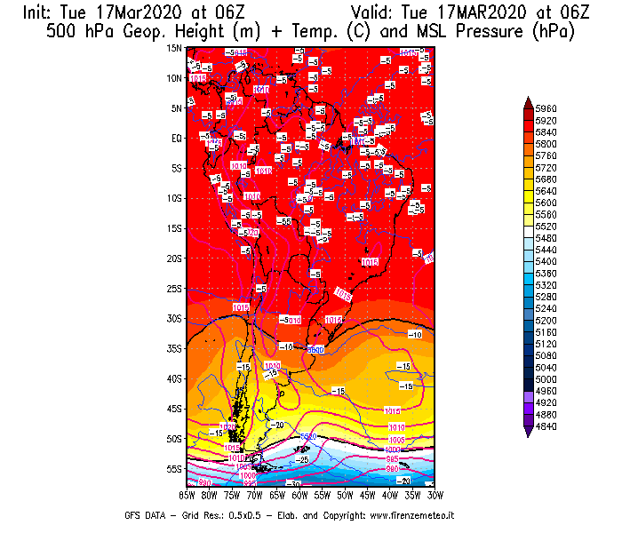Mappa di analisi GFS - Geopotenziale [m] + Temp. [°C] a 500 hPa + Press. a livello del mare [hPa] in Sud-America
							del 17/03/2020 06 <!--googleoff: index-->UTC<!--googleon: index-->