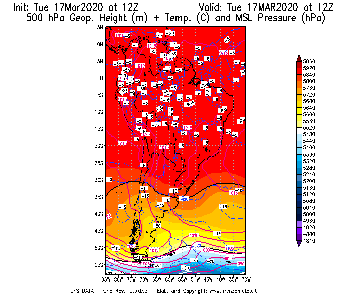 Mappa di analisi GFS - Geopotenziale [m] + Temp. [°C] a 500 hPa + Press. a livello del mare [hPa] in Sud-America
							del 17/03/2020 12 <!--googleoff: index-->UTC<!--googleon: index-->
