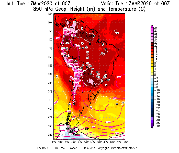 Mappa di analisi GFS - Geopotenziale [m] e Temperatura [°C] a 850 hPa in Sud-America
							del 17/03/2020 00 <!--googleoff: index-->UTC<!--googleon: index-->