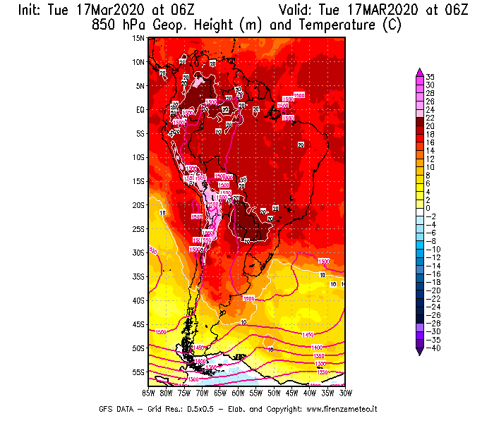 Mappa di analisi GFS - Geopotenziale [m] e Temperatura [°C] a 850 hPa in Sud-America
							del 17/03/2020 06 <!--googleoff: index-->UTC<!--googleon: index-->