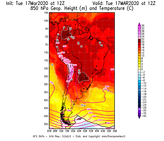 Mappa di analisi GFS - Geopotenziale [m] e Temperatura [°C] a 850 hPa in Sud-America
							del 17/03/2020 12 <!--googleoff: index-->UTC<!--googleon: index-->