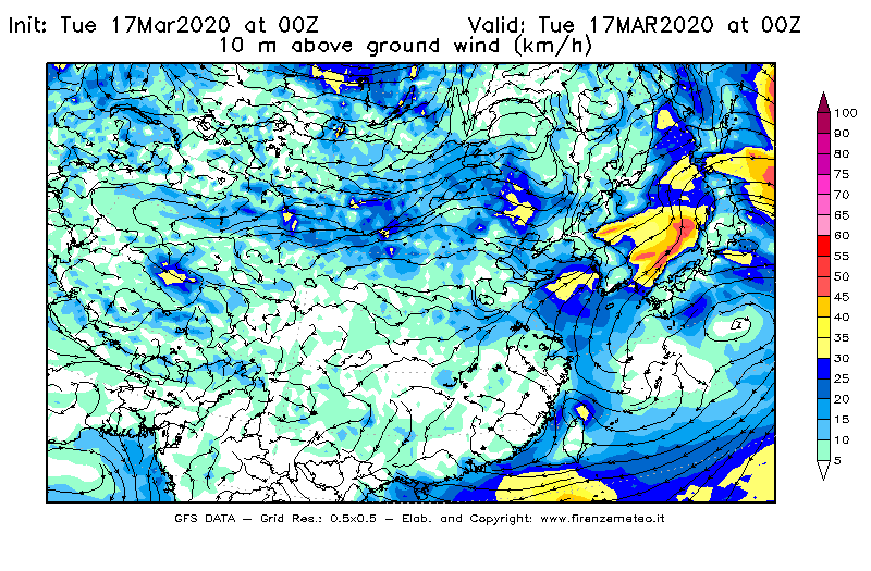 Mappa di analisi GFS - Velocità del vento a 10 metri dal suolo [km/h] in Asia Orientale
							del 17/03/2020 00 <!--googleoff: index-->UTC<!--googleon: index-->