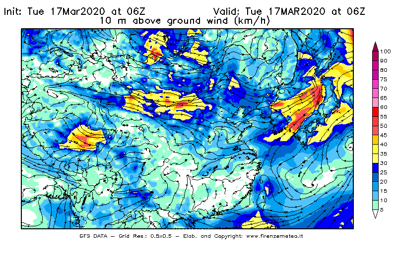 Mappa di analisi GFS - Velocità del vento a 10 metri dal suolo [km/h] in Asia Orientale
							del 17/03/2020 06 <!--googleoff: index-->UTC<!--googleon: index-->
