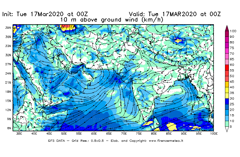 Mappa di analisi GFS - Velocità del vento a 10 metri dal suolo [km/h] in Asia Sud-Occidentale
							del 17/03/2020 00 <!--googleoff: index-->UTC<!--googleon: index-->