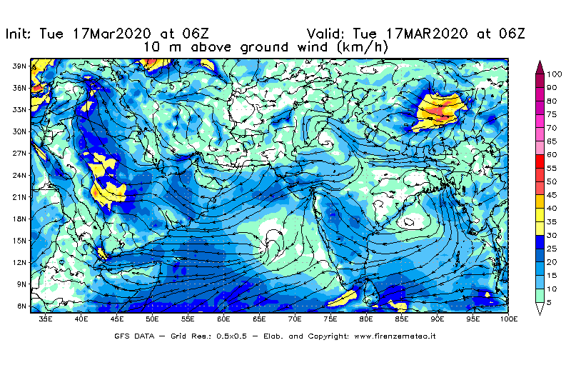 Mappa di analisi GFS - Velocità del vento a 10 metri dal suolo [km/h] in Asia Sud-Occidentale
							del 17/03/2020 06 <!--googleoff: index-->UTC<!--googleon: index-->