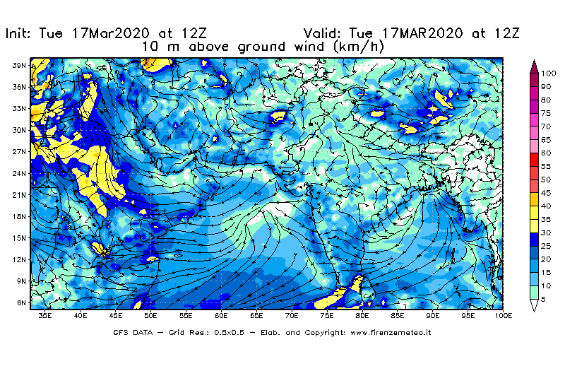 Mappa di analisi GFS - Velocità del vento a 10 metri dal suolo [km/h] in Asia Sud-Occidentale
							del 17/03/2020 12 <!--googleoff: index-->UTC<!--googleon: index-->