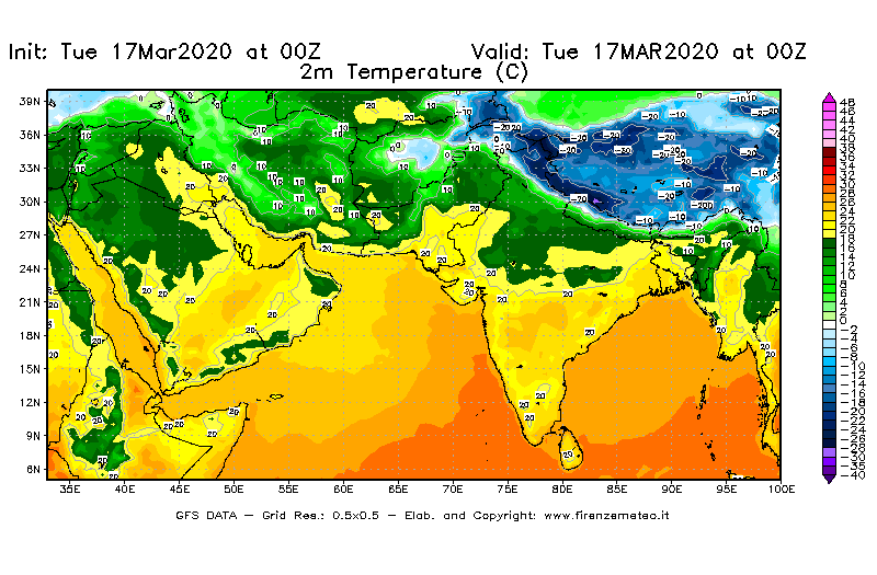 Mappa di analisi GFS - Temperatura a 2 metri dal suolo [°C] in Asia Sud-Occidentale
							del 17/03/2020 00 <!--googleoff: index-->UTC<!--googleon: index-->