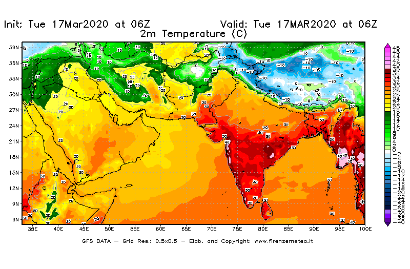 Mappa di analisi GFS - Temperatura a 2 metri dal suolo [°C] in Asia Sud-Occidentale
							del 17/03/2020 06 <!--googleoff: index-->UTC<!--googleon: index-->