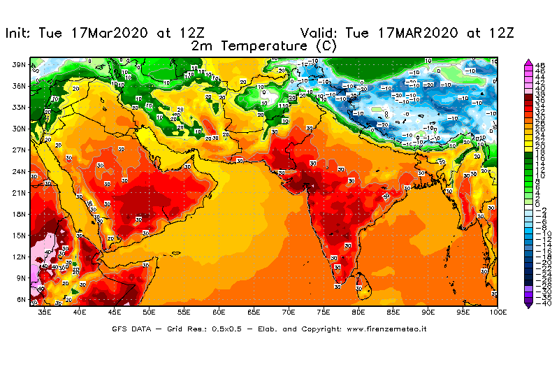 Mappa di analisi GFS - Temperatura a 2 metri dal suolo [°C] in Asia Sud-Occidentale
							del 17/03/2020 12 <!--googleoff: index-->UTC<!--googleon: index-->