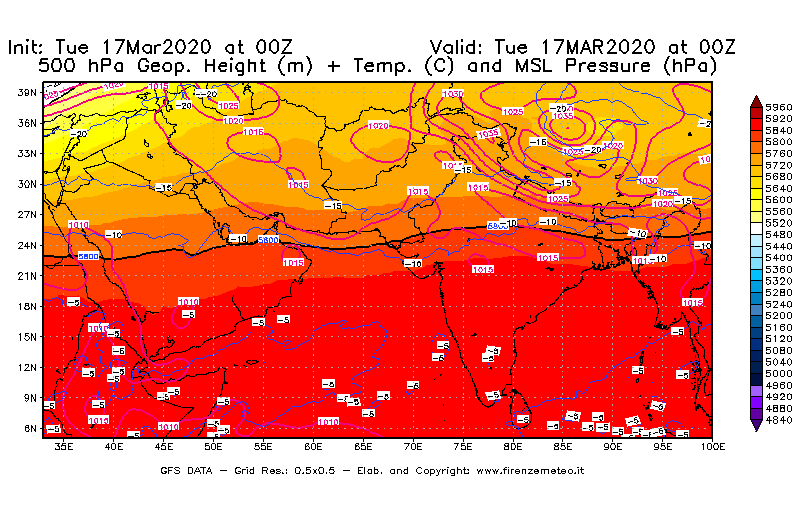 Mappa di analisi GFS - Geopotenziale [m] + Temp. [°C] a 500 hPa + Press. a livello del mare [hPa] in Asia Sud-Occidentale
							del 17/03/2020 00 <!--googleoff: index-->UTC<!--googleon: index-->
