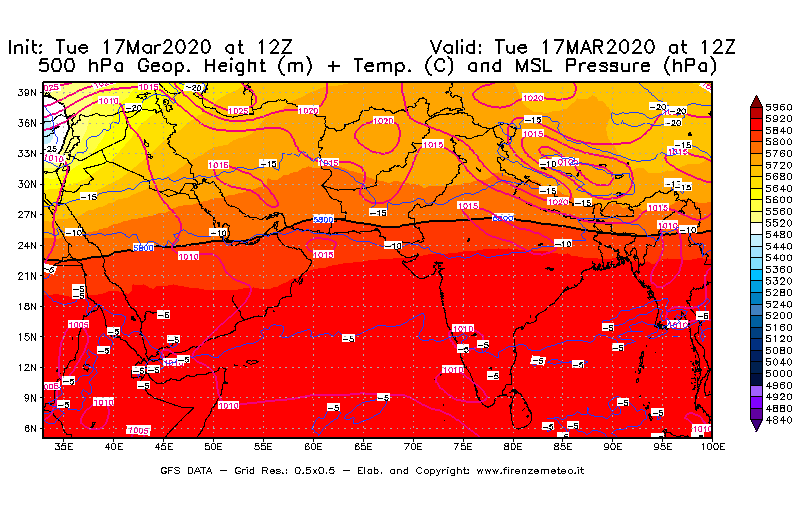 Mappa di analisi GFS - Geopotenziale [m] + Temp. [°C] a 500 hPa + Press. a livello del mare [hPa] in Asia Sud-Occidentale
							del 17/03/2020 12 <!--googleoff: index-->UTC<!--googleon: index-->