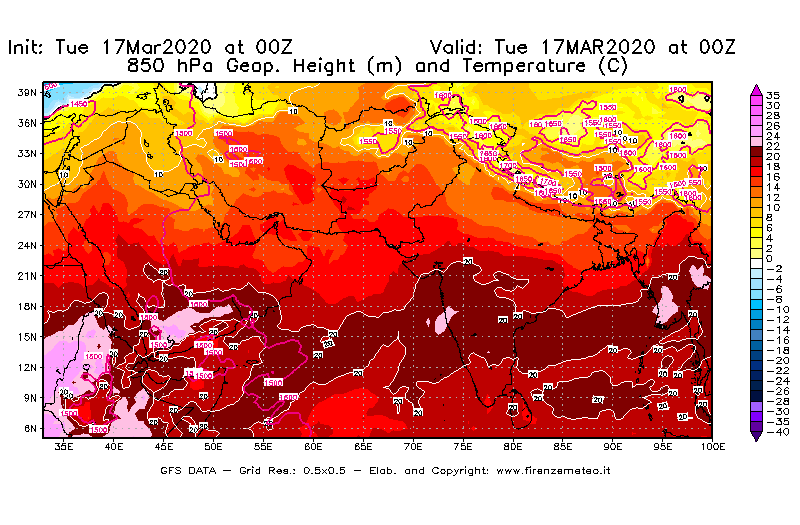 Mappa di analisi GFS - Geopotenziale [m] e Temperatura [°C] a 850 hPa in Asia Sud-Occidentale
							del 17/03/2020 00 <!--googleoff: index-->UTC<!--googleon: index-->