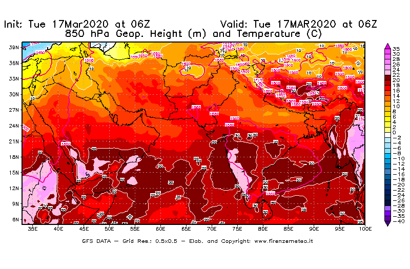 Mappa di analisi GFS - Geopotenziale [m] e Temperatura [°C] a 850 hPa in Asia Sud-Occidentale
							del 17/03/2020 06 <!--googleoff: index-->UTC<!--googleon: index-->