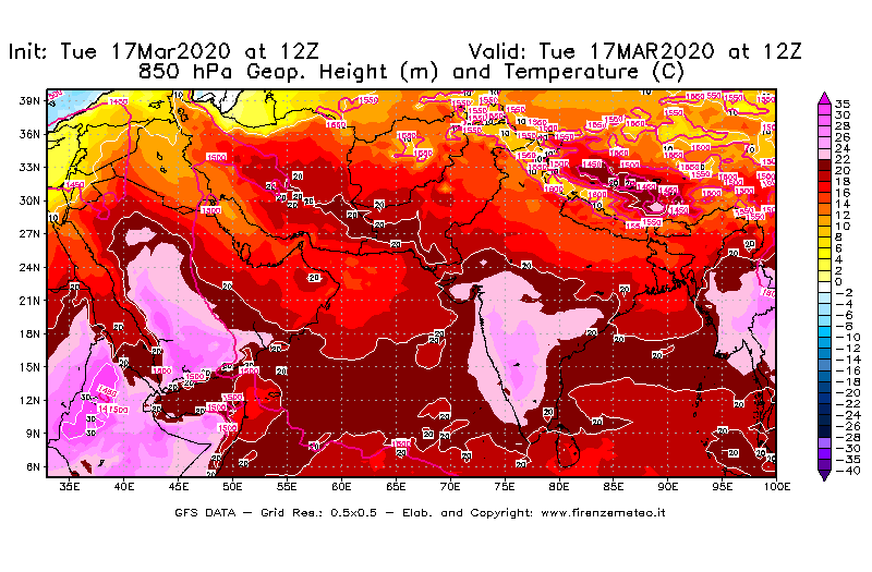 Mappa di analisi GFS - Geopotenziale [m] e Temperatura [°C] a 850 hPa in Asia Sud-Occidentale
							del 17/03/2020 12 <!--googleoff: index-->UTC<!--googleon: index-->