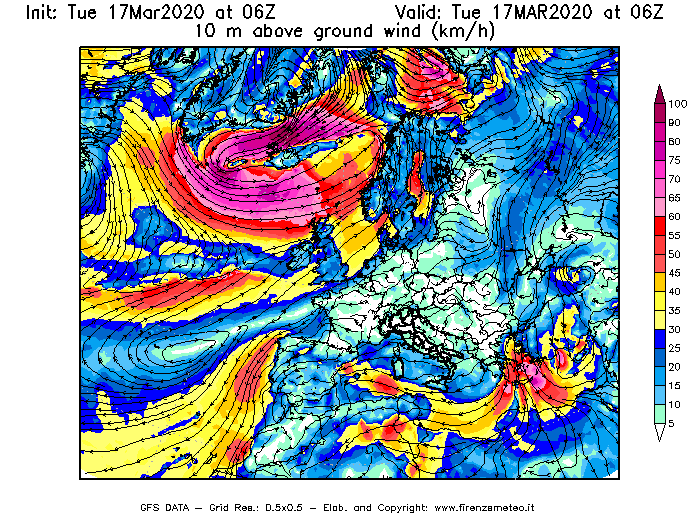 Mappa di analisi GFS - Velocità del vento a 10 metri dal suolo [km/h] in Europa
							del 17/03/2020 06 <!--googleoff: index-->UTC<!--googleon: index-->