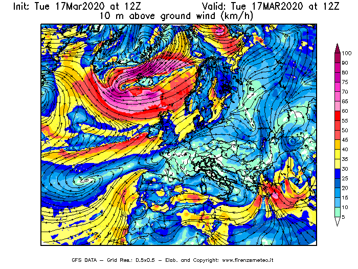 Mappa di analisi GFS - Velocità del vento a 10 metri dal suolo [km/h] in Europa
							del 17/03/2020 12 <!--googleoff: index-->UTC<!--googleon: index-->