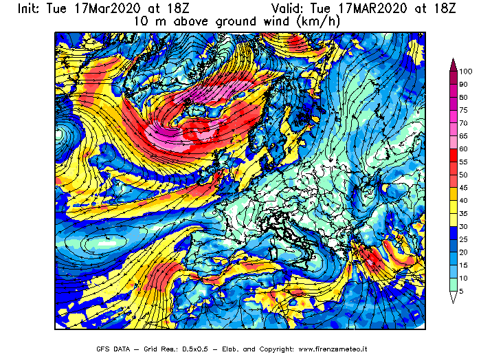 Mappa di analisi GFS - Velocità del vento a 10 metri dal suolo [km/h] in Europa
							del 17/03/2020 18 <!--googleoff: index-->UTC<!--googleon: index-->