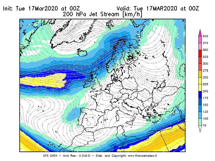 Mappa di analisi GFS - Jet Stream a 200 hPa in Europa
							del 17/03/2020 00 <!--googleoff: index-->UTC<!--googleon: index-->
