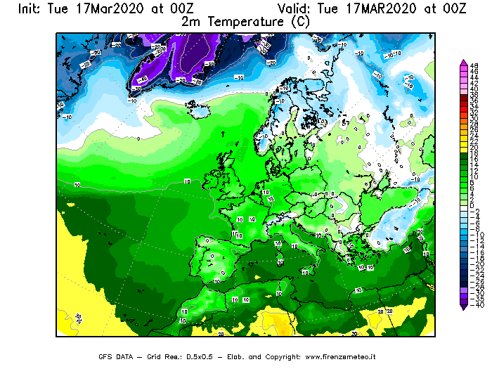Mappa di analisi GFS - Temperatura a 2 metri dal suolo [°C] in Europa
							del 17/03/2020 00 <!--googleoff: index-->UTC<!--googleon: index-->