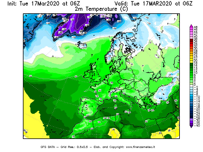 Mappa di analisi GFS - Temperatura a 2 metri dal suolo [°C] in Europa
							del 17/03/2020 06 <!--googleoff: index-->UTC<!--googleon: index-->