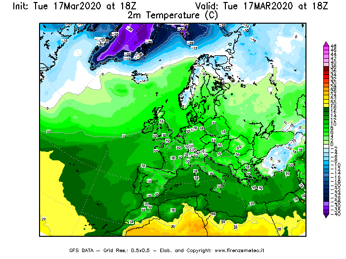 Mappa di analisi GFS - Temperatura a 2 metri dal suolo [°C] in Europa
							del 17/03/2020 18 <!--googleoff: index-->UTC<!--googleon: index-->