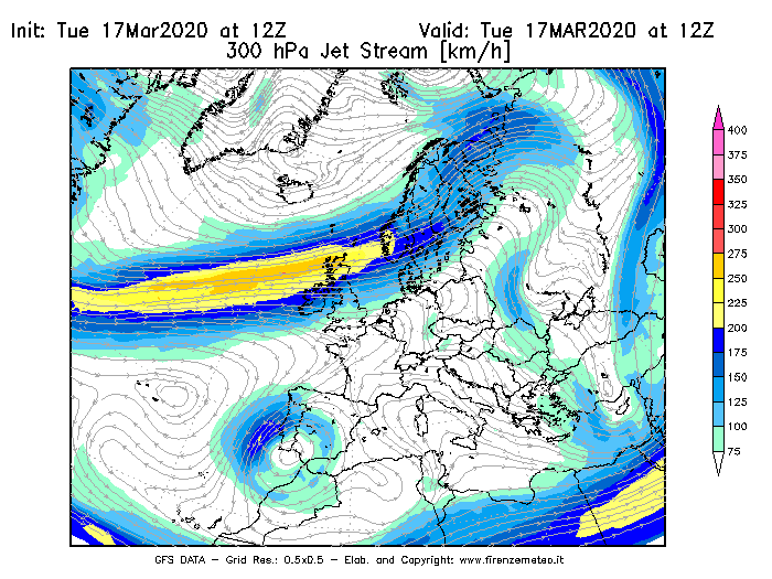 Mappa di analisi GFS - Jet Stream a 300 hPa in Europa
							del 17/03/2020 12 <!--googleoff: index-->UTC<!--googleon: index-->