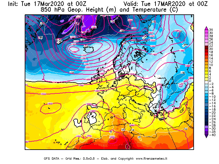 Mappa di analisi GFS - Geopotenziale [m] e Temperatura [°C] a 850 hPa in Europa
							del 17/03/2020 00 <!--googleoff: index-->UTC<!--googleon: index-->