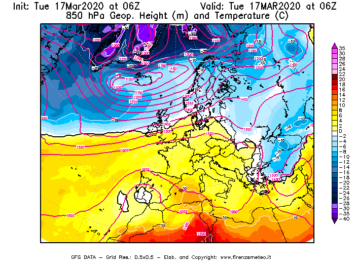 Mappa di analisi GFS - Geopotenziale [m] e Temperatura [°C] a 850 hPa in Europa
							del 17/03/2020 06 <!--googleoff: index-->UTC<!--googleon: index-->