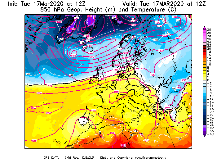 Mappa di analisi GFS - Geopotenziale [m] e Temperatura [°C] a 850 hPa in Europa
							del 17/03/2020 12 <!--googleoff: index-->UTC<!--googleon: index-->