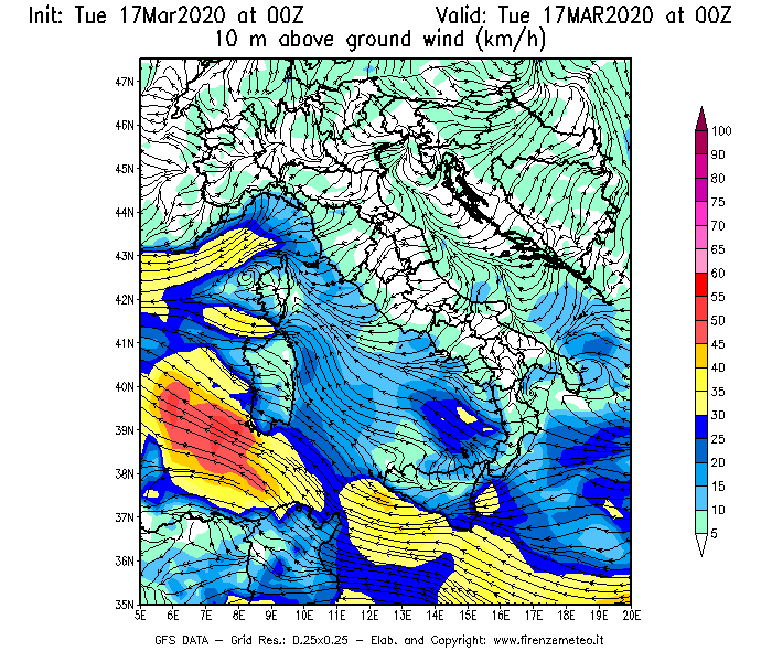 Mappa di analisi GFS - Velocità del vento a 10 metri dal suolo [km/h] in Italia
							del 17/03/2020 00 <!--googleoff: index-->UTC<!--googleon: index-->